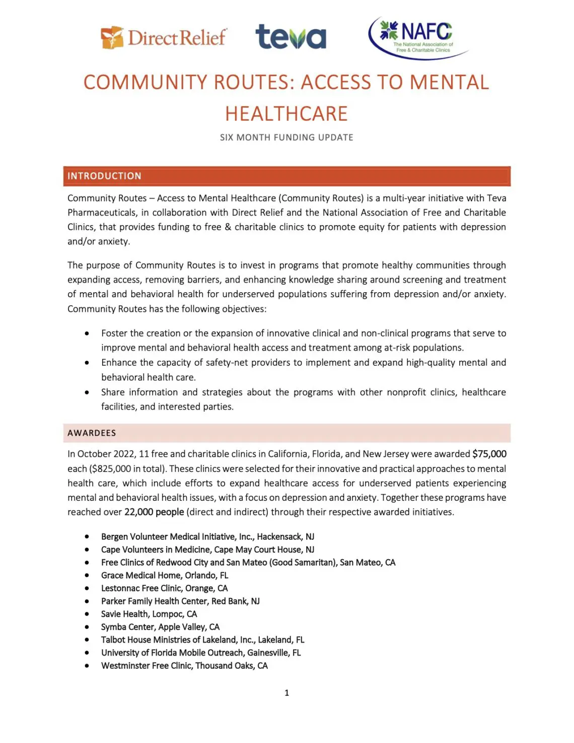 2022-NAFC-Teva-Direct-Relief-Community-Routes-Six-Month-Report